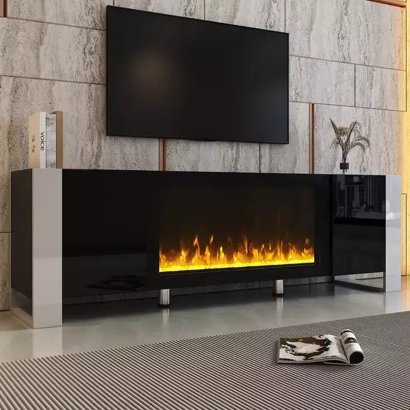 Meuble TV moderne avec foyer électrique décoratif et 2 armoires, compatible avec les téléviseurs jusqu'à 78 po.