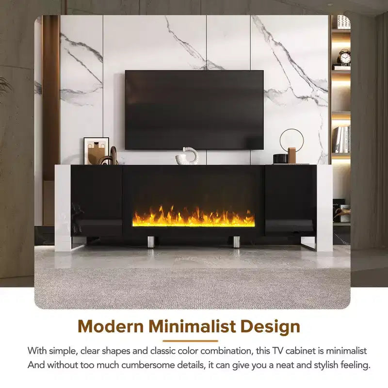 Meuble TV moderne avec foyer électrique décoratif et 2 armoires, compatible avec les téléviseurs jusqu'à 78 po.