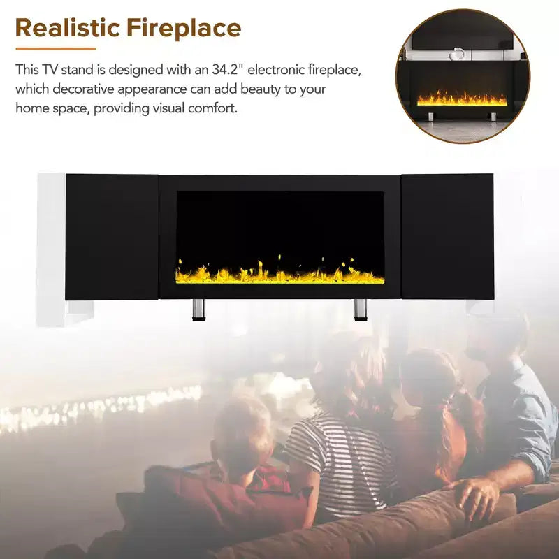Meuble TV moderne avec foyer électrique décoratif et 2 armoires, compatible avec les téléviseurs jusqu'à 78 po.