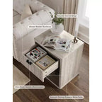 Table de chevet scandinave avec tiroirs encastrés et rangement ouvert