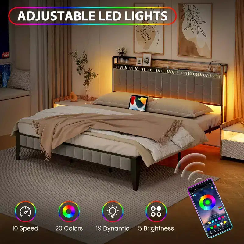 Cadre de lit en métal avec lumières LED, tête de lit de rangement et ports de charge