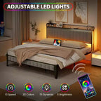 Cadre de lit en métal avec lumières LED, tête de lit de rangement et ports de charge
