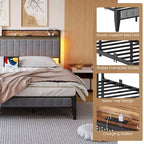 Cadre de lit en métal avec lumières LED, tête de lit de rangement et ports de charge
