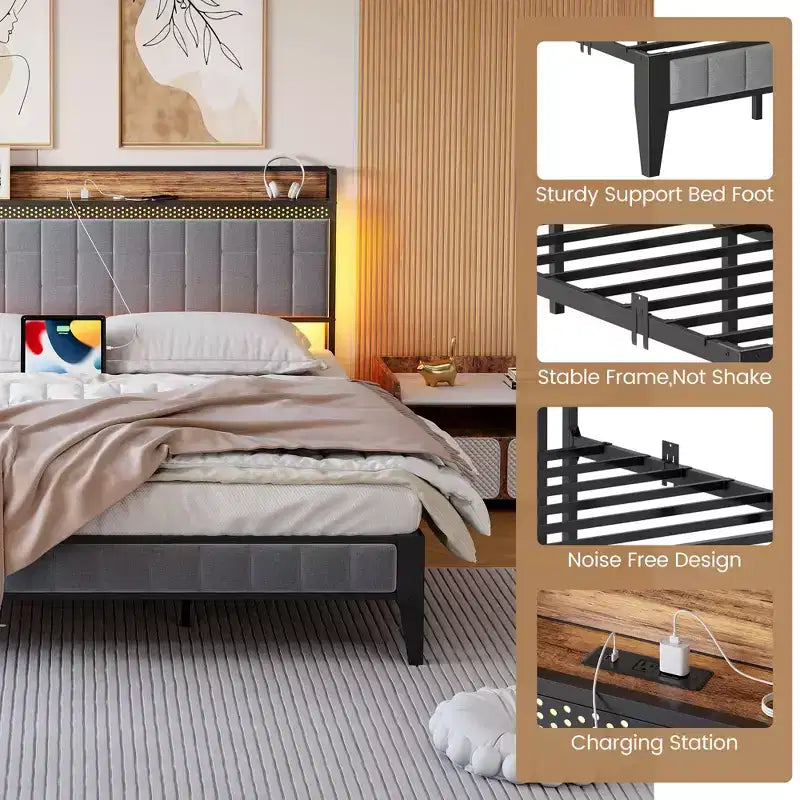 Cadre de lit en métal avec lumières LED, tête de lit de rangement et ports de charge