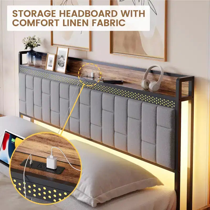 Cadre de lit en métal avec lumières LED, tête de lit de rangement et ports de charge