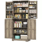 Meuble de cuisine de 183 cm de style ferme avec 4 portes coulissantes, 4 étagères réglables et 8 compartiments de porte