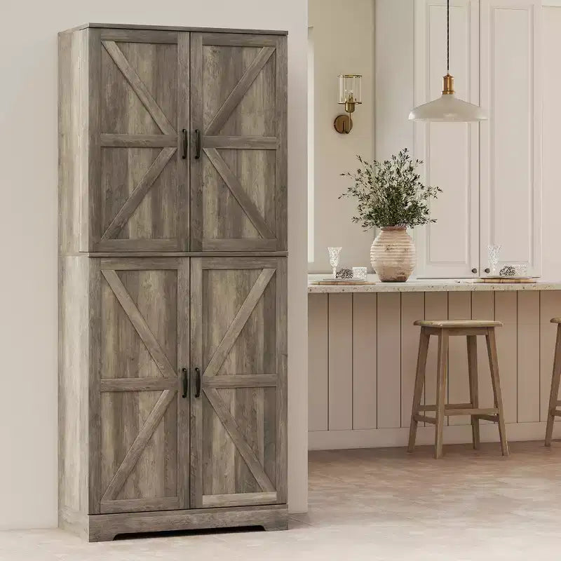 Meuble de cuisine de 183 cm de style ferme avec 4 portes coulissantes, 4 étagères réglables et 8 compartiments de porte