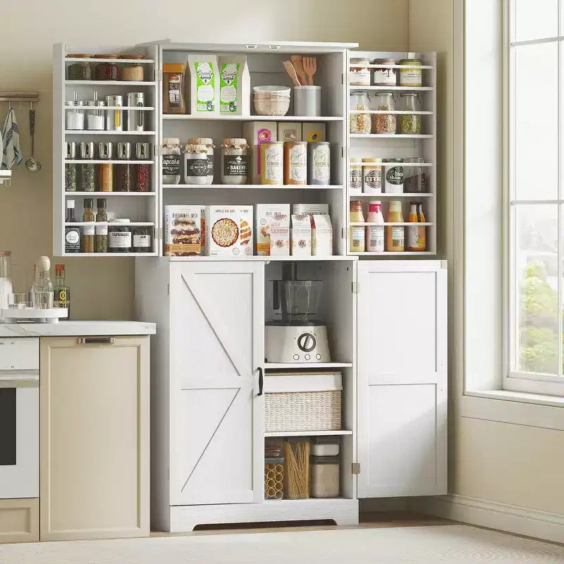 Meuble de cuisine de 183 cm de style ferme avec 4 portes coulissantes, 4 étagères réglables et 8 compartiments de porte