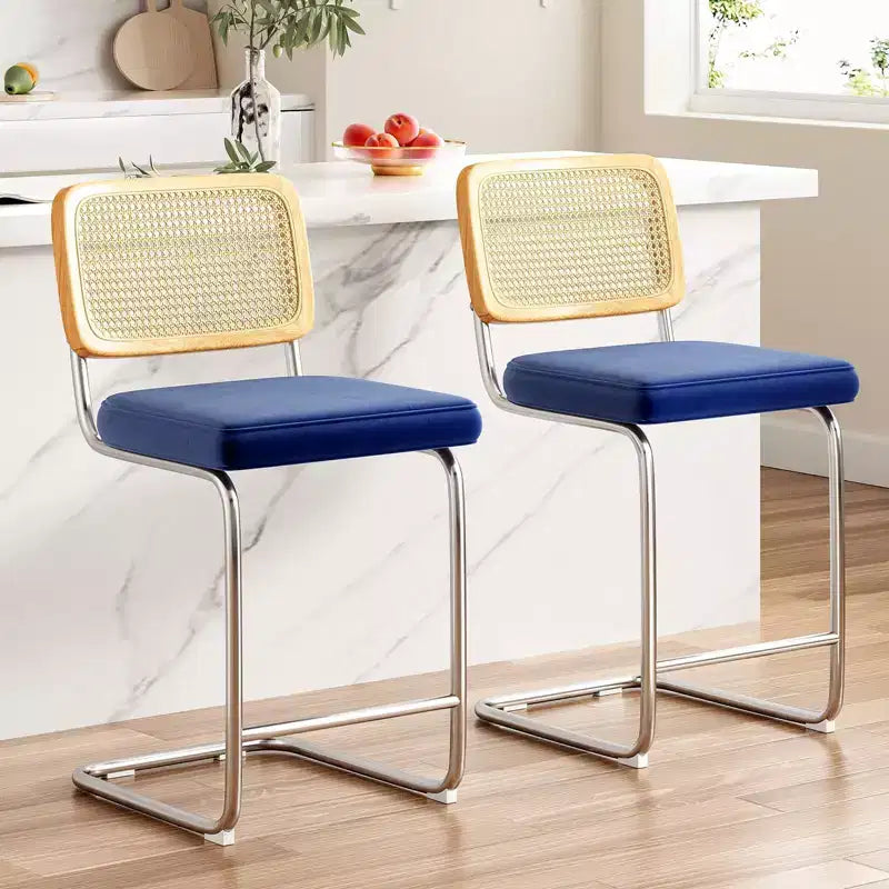 PexFix 2Pcs Counter Height Bar Stools Upholstered Velvet Barstools with Rattan Back 24 inch Stools Armless Bar Chairs for Kitchen Island Royal Blue