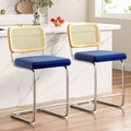 PexFix 2Pcs Counter Height Bar Stools Upholstered Velvet Barstools with Rattan Back 24 inch Stools Armless Bar Chairs for Kitchen Island Royal Blue
