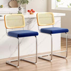 PexFix 2Pcs Counter Height Bar Stools Upholstered Velvet Barstools with Rattan Back 24 inch Stools Armless Bar Chairs for Kitchen Island Royal Blue