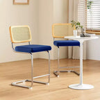 Lot de 2 tabourets de bar hauteur comptoir, assise rembourrée en velours avec dossier en rotin, chaises de bar sans accoudoirs de 61 cm pour îlot de cuisine, bleu royal
