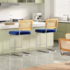 Lot de 2 tabourets de bar hauteur comptoir, assise rembourrée en velours avec dossier en rotin, chaises de bar sans accoudoirs de 61 cm pour îlot de cuisine, bleu royal