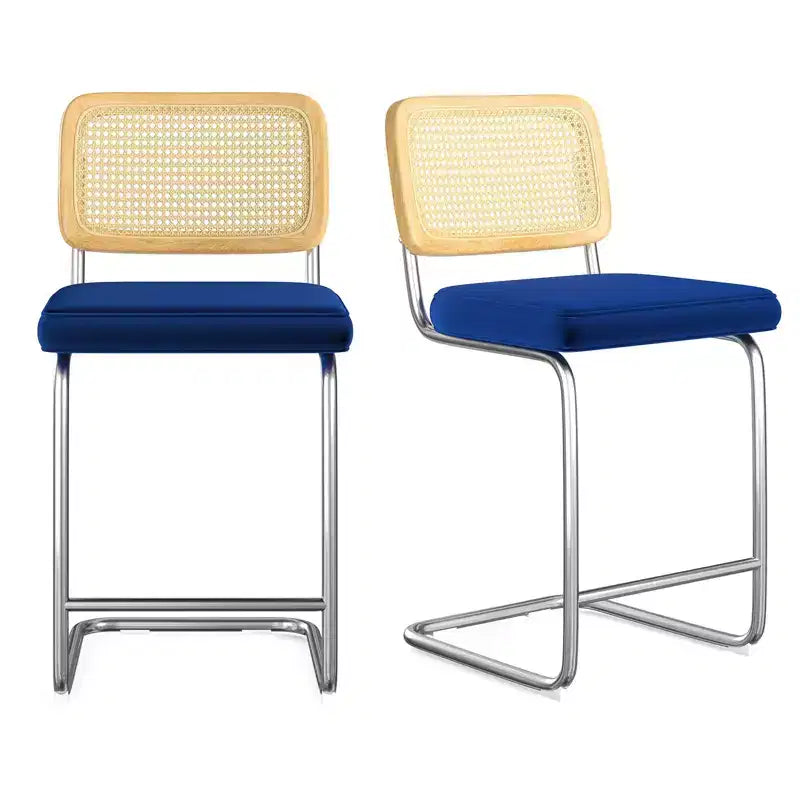 Lot de 2 tabourets de bar hauteur comptoir, assise rembourrée en velours avec dossier en rotin, chaises de bar sans accoudoirs de 61 cm pour îlot de cuisine, bleu royal