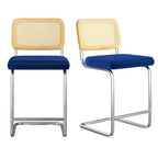 Lot de 2 tabourets de bar hauteur comptoir, assise rembourrée en velours avec dossier en rotin, chaises de bar sans accoudoirs de 61 cm pour îlot de cuisine, bleu royal