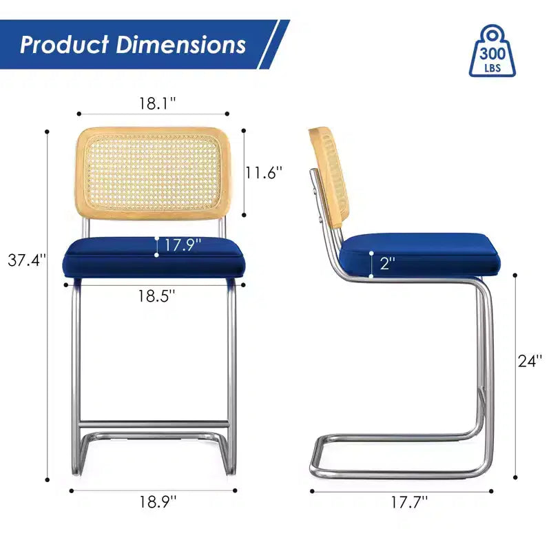 Lot de 2 tabourets de bar hauteur comptoir, assise rembourrée en velours avec dossier en rotin, chaises de bar sans accoudoirs de 61 cm pour îlot de cuisine, bleu royal