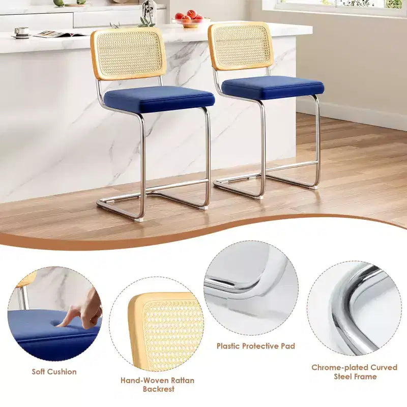 Lot de 2 tabourets de bar hauteur comptoir, assise rembourrée en velours avec dossier en rotin, chaises de bar sans accoudoirs de 61 cm pour îlot de cuisine, bleu royal