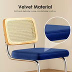 Lot de 2 tabourets de bar hauteur comptoir, assise rembourrée en velours avec dossier en rotin, chaises de bar sans accoudoirs de 61 cm pour îlot de cuisine, bleu royal