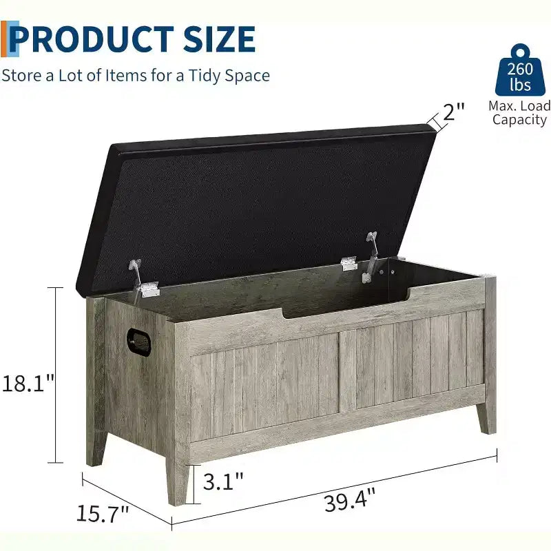 Banc de rangement de 99 cm avec siège rembourré et charnières de sécurité
