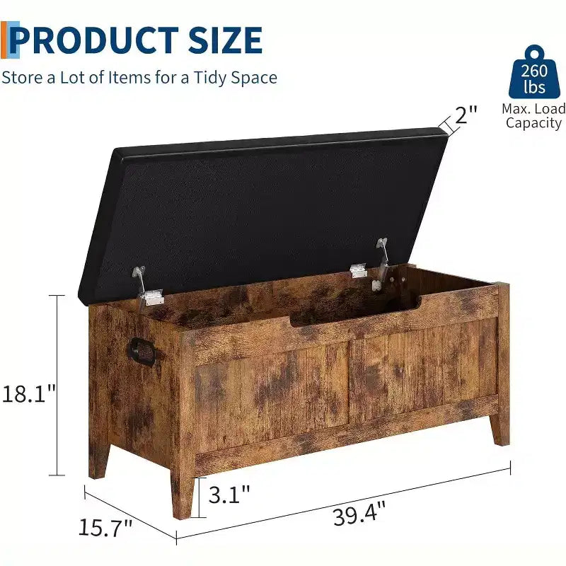 Banc de rangement de 99 cm avec siège rembourré et charnières de sécurité