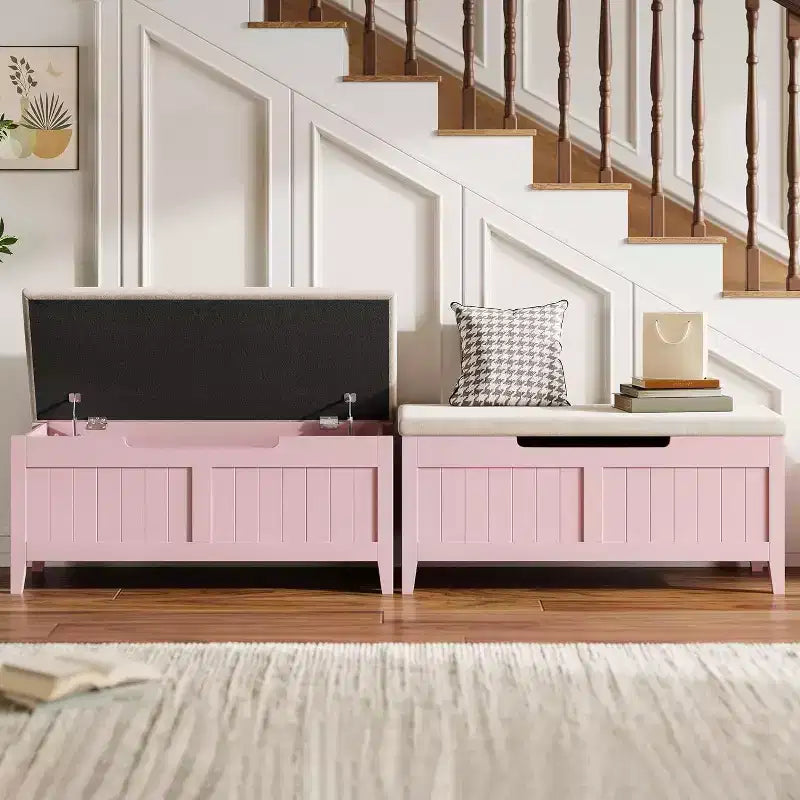 Banc de rangement de 99 cm avec siège rembourré et charnières de sécurité