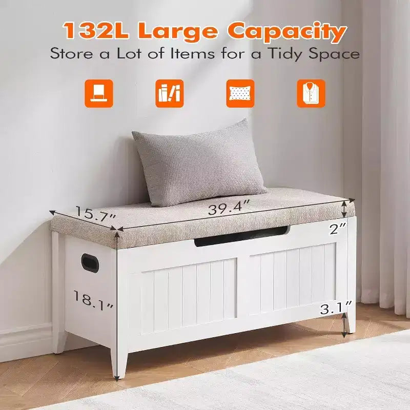 Banc de rangement de 99 cm avec siège rembourré et charnières de sécurité