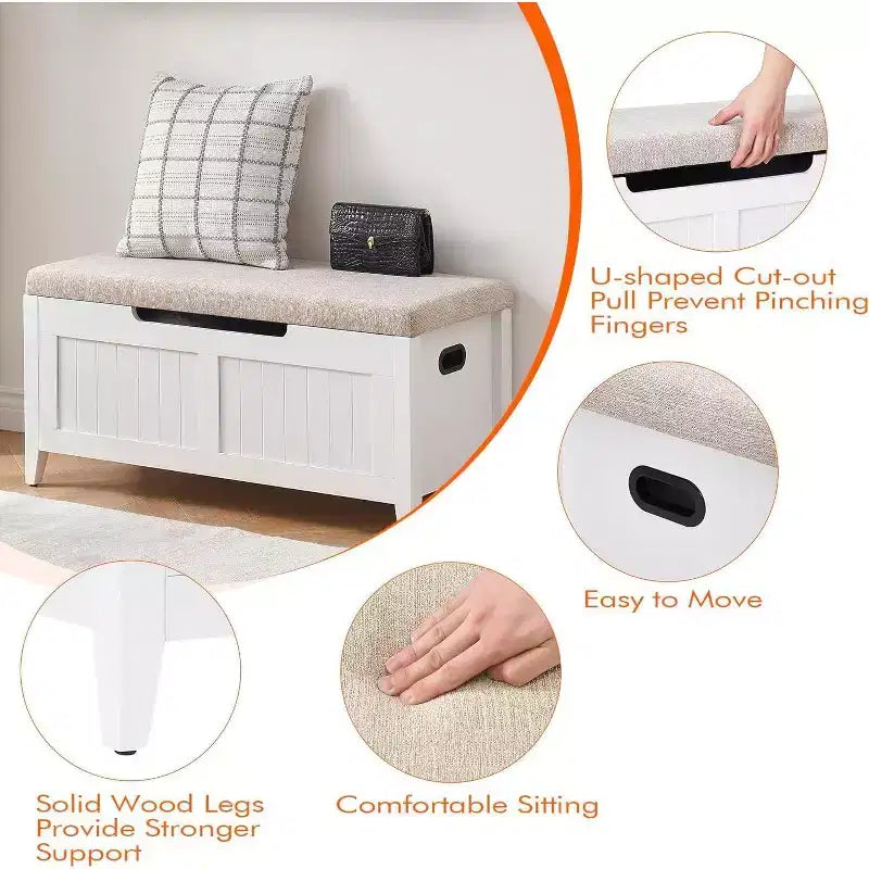 Banc de rangement de 99 cm avec siège rembourré et charnières de sécurité