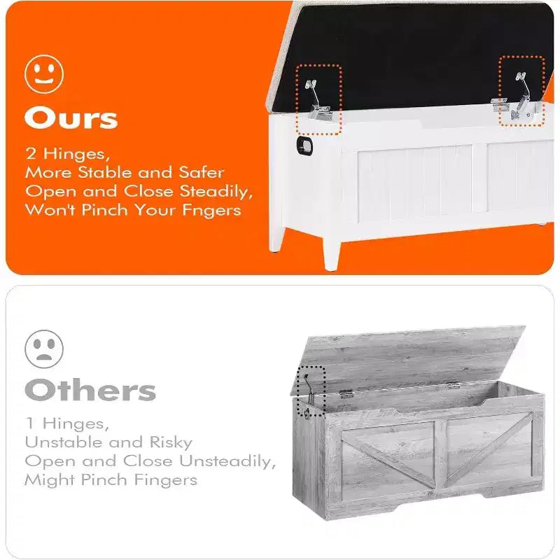 Banc de rangement de 99 cm avec siège rembourré et charnières de sécurité