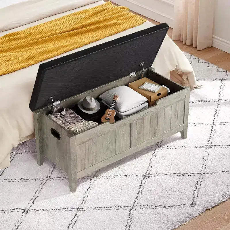 Banc de rangement de 99 cm avec siège rembourré et charnières de sécurité