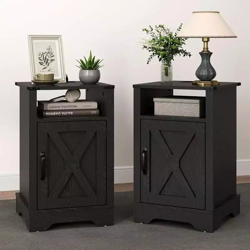RoyalCraft Farmhouse Nightstand with Charging Station, Rustic End Table Set with Shelf and Storage for Bedroom or Home Office, Set of 2, Black