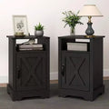 RoyalCraft Farmhouse Nightstand with Charging Station, Rustic End Table Set with Shelf and Storage for Bedroom or Home Office, Set of 2, Black