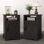 RoyalCraft Farmhouse Nightstand with Charging Station, Rustic End Table Set with Shelf and Storage for Bedroom or Home Office, Set of 2, Black