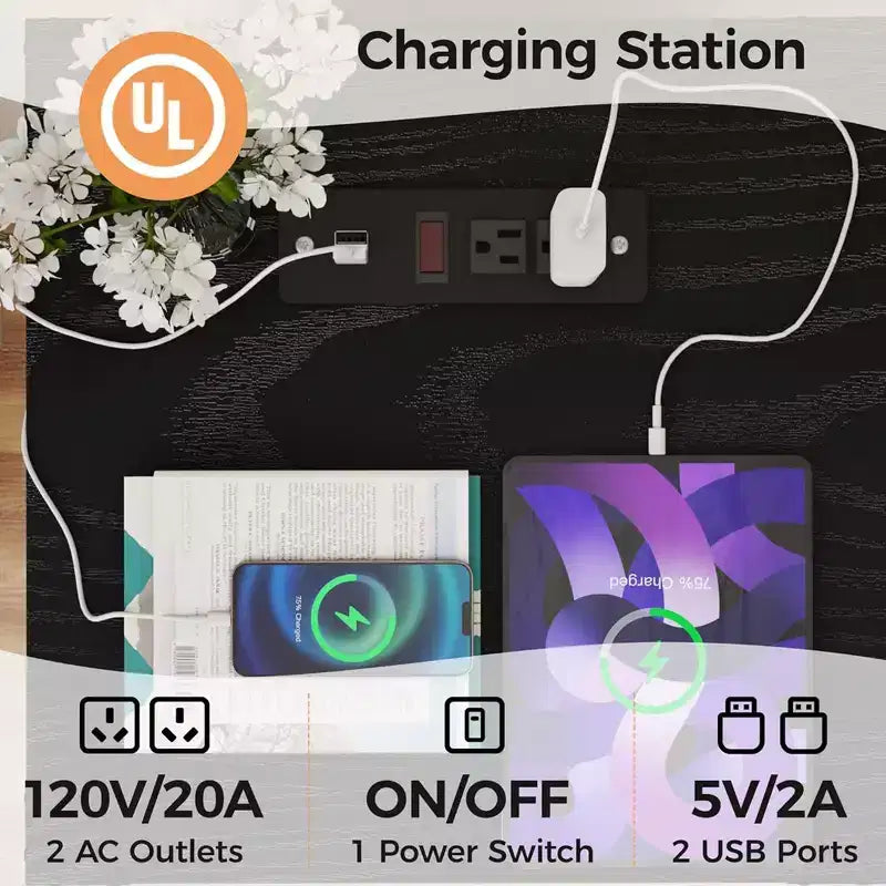 Table de chevet de ferme (lot de 2) avec station de charge, étagère et rangement, noir