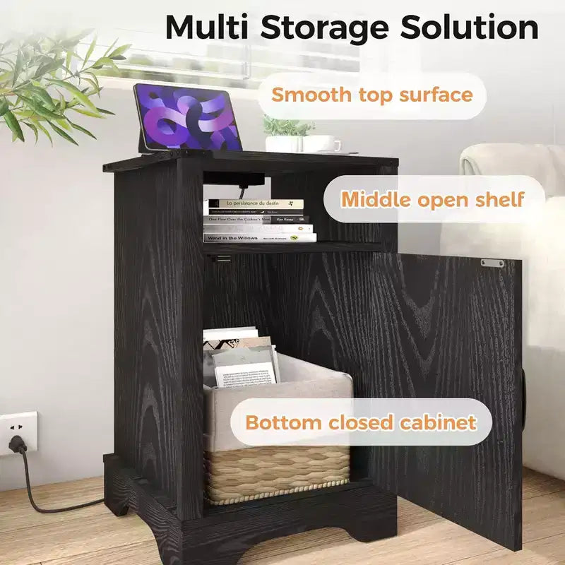 Table de chevet de ferme (lot de 2) avec station de charge, étagère et rangement, noir