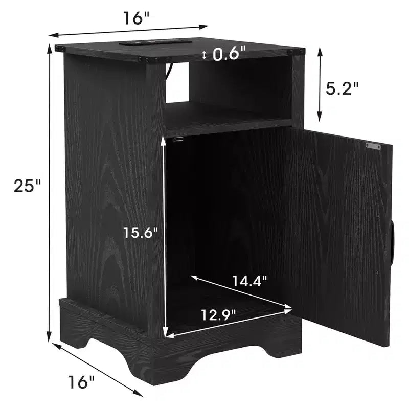 Table de chevet de ferme (lot de 2) avec station de charge, étagère et rangement, noir