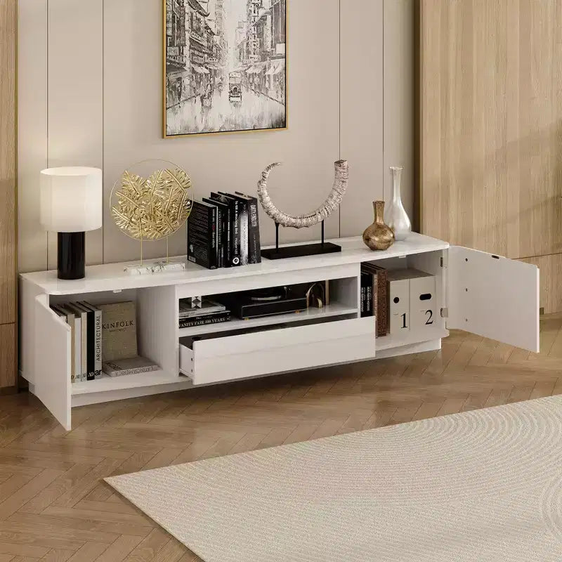 Meuble TV laqué blanc à coins arrondis - Meuble console moderne