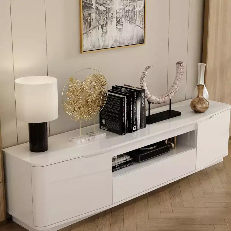 Meuble TV laqué blanc à coins arrondis - Meuble console moderne