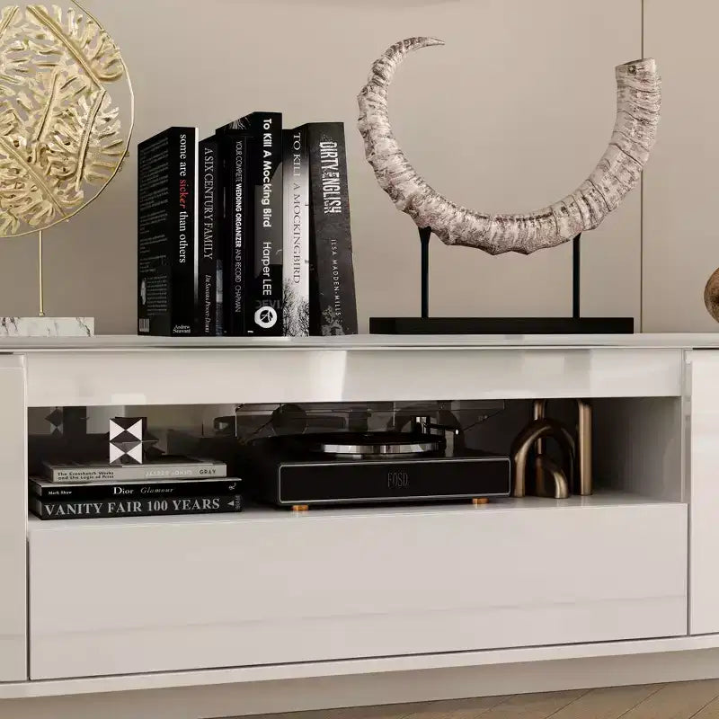 Meuble TV laqué blanc à coins arrondis - Meuble console moderne
