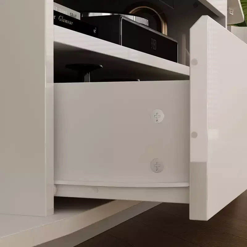 Meuble TV laqué blanc à coins arrondis - Meuble console moderne