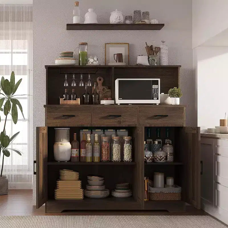 Buffet de salle à manger avec support pour micro-ondes, 3 tiroirs, rangement avec portes coulissantes et étagères réglables