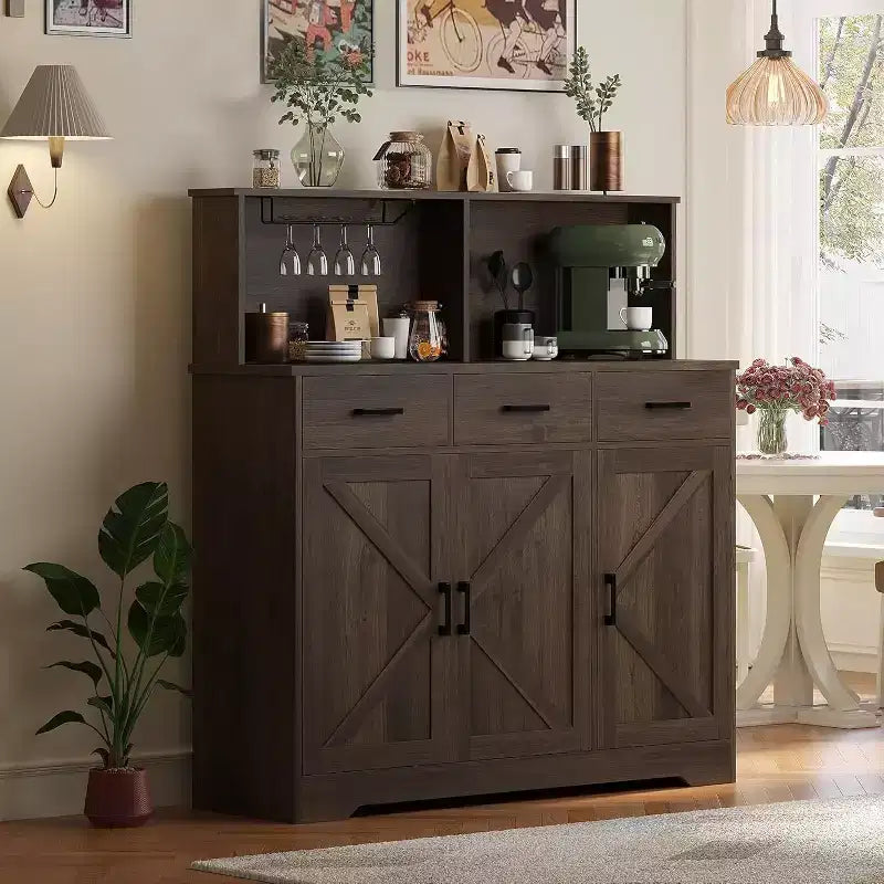 Buffet de salle à manger avec support pour micro-ondes, 3 tiroirs, rangement avec portes coulissantes et étagères réglables