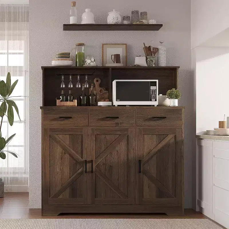 Buffet de salle à manger avec support pour micro-ondes, 3 tiroirs, rangement avec portes coulissantes et étagères réglables