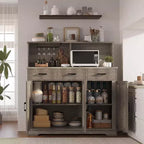 Buffet de salle à manger avec support pour micro-ondes, 3 tiroirs, rangement avec portes coulissantes et étagères réglables