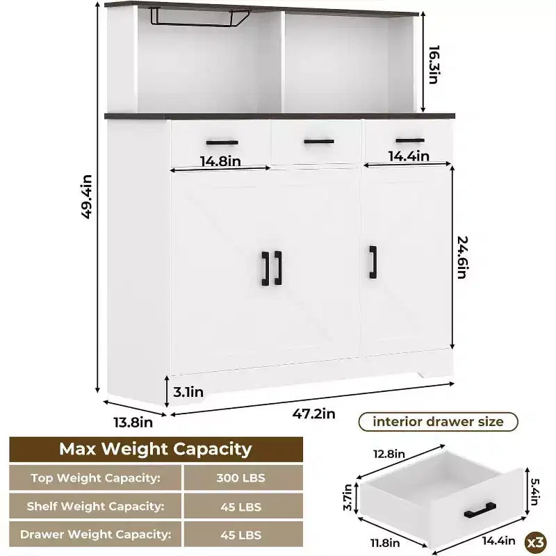 Buffet de salle à manger avec support pour micro-ondes, 3 tiroirs, rangement avec portes coulissantes et étagères réglables
