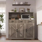 Buffet de salle à manger avec support pour micro-ondes, 3 tiroirs, rangement avec portes coulissantes et étagères réglables