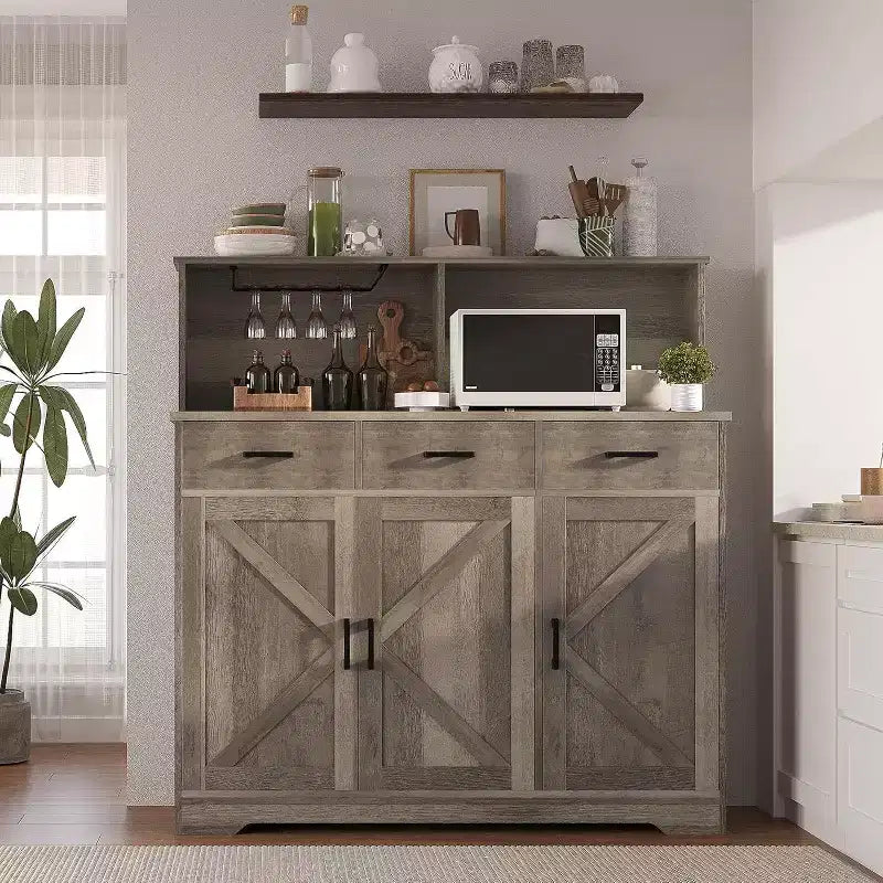 Buffet de salle à manger avec support pour micro-ondes, 3 tiroirs, rangement avec portes coulissantes et étagères réglables