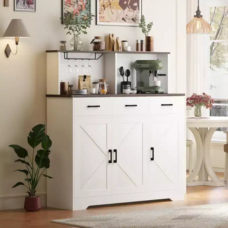 Buffet de salle à manger avec support pour micro-ondes, 3 tiroirs, rangement avec portes coulissantes et étagères réglables