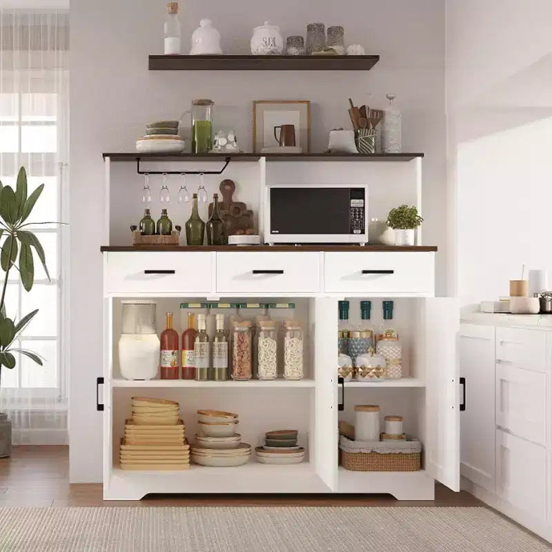 Buffet de salle à manger avec support pour micro-ondes, 3 tiroirs, rangement avec portes coulissantes et étagères réglables