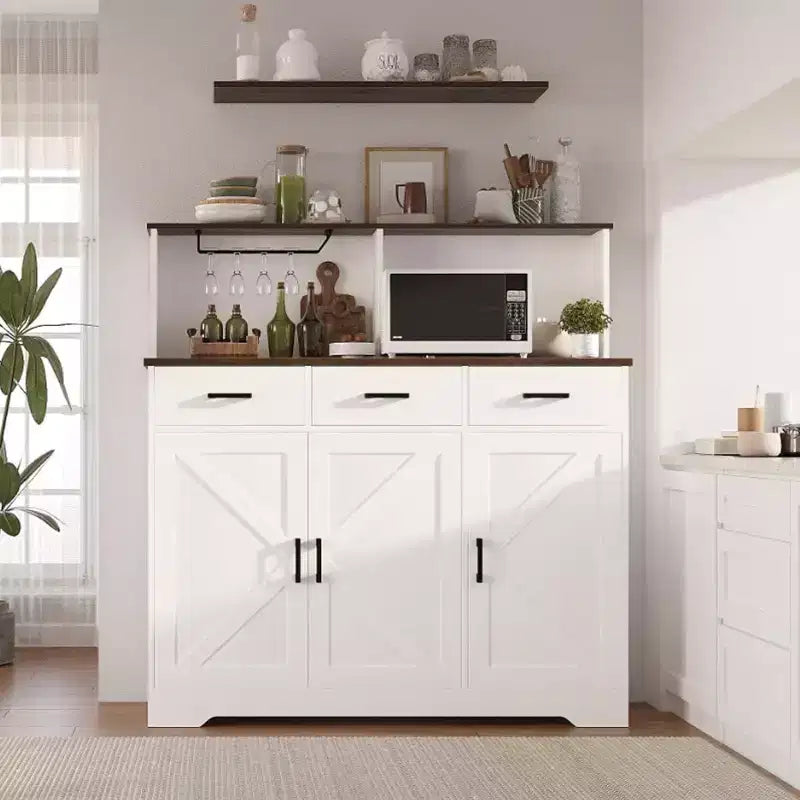 Buffet de salle à manger avec support pour micro-ondes, 3 tiroirs, rangement avec portes coulissantes et étagères réglables