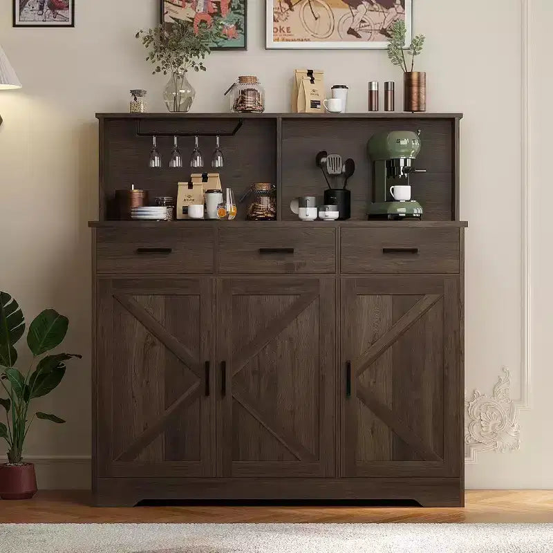 Buffet de salle à manger avec support pour micro-ondes, 3 tiroirs, rangement avec portes coulissantes et étagères réglables